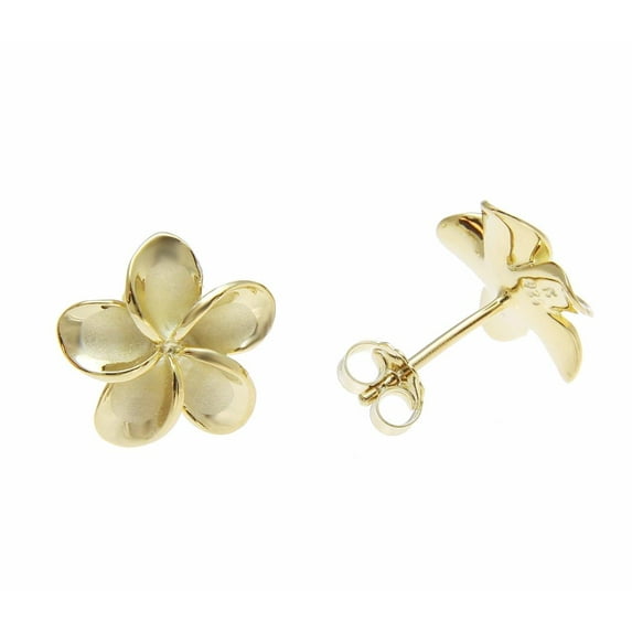 925 sterling silver yellow gold plated Hawaiian plumeria flower no cz stone post stud earrings 12mm