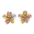 thumbnail image 1 of 925 sterling silver yellow rose gold rhodium plated tricolor Hawaiian plumeria flower post earrings no cz stone 18mm, 1 of 2