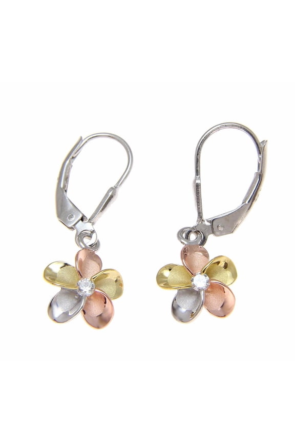 925 sterling silver yellow rose gold rhodium plated tricolor Hawaiian plumeria leverback earrings cz 10mm