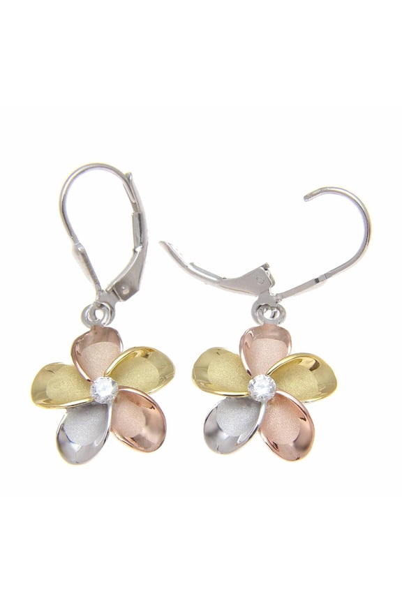 925 sterling silver yellow rose gold rhodium plated tricolor Hawaiian plumeria leverback earrings cz 15mm