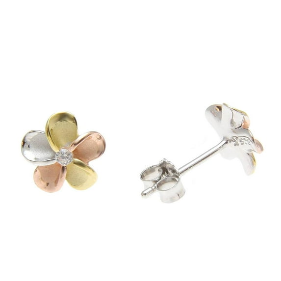 925 sterling silver yellow rose gold rhodium plated tricolor tricolor Hawaiian plumeria stud earrings cz 8mm