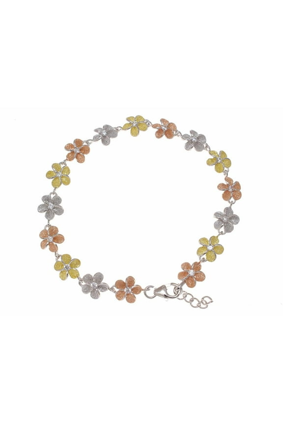 925 sterling silver yellow rose gold tricolor plated Hawaiian plumeria flower bracelet 10mm 7"