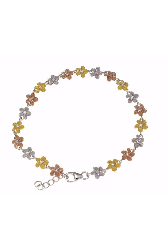 925 sterling silver yellow rose gold tricolor plated Hawaiian plumeria flower bracelet 6mm 7"