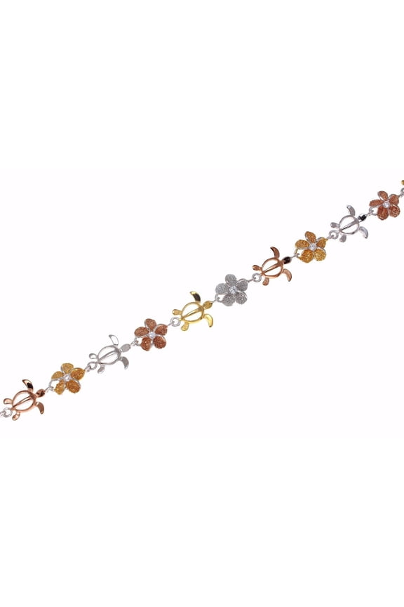 925 sterling silver yellow rose gold tricolor plated Hawaiian plumeria flower turtle bracelet 7 1/4"
