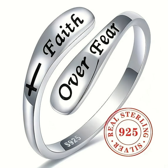 925Sterling Silver "Faith Over Fear" Adjustable Open Band Ring, Vintage & Minimalist Style Bypass Ring Inspirational Religious Jewelry Gifts For Men & Women