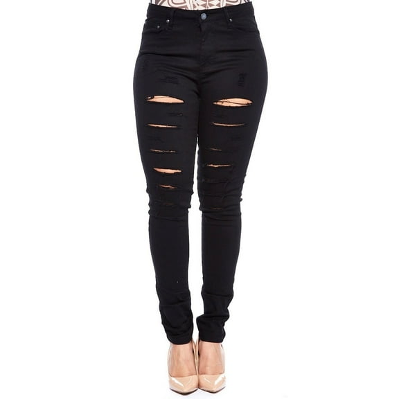 926 BQ6004B Womens Plus Size Stretch Distressed Ripped Black Skinny Twill Denim Jeans Pants