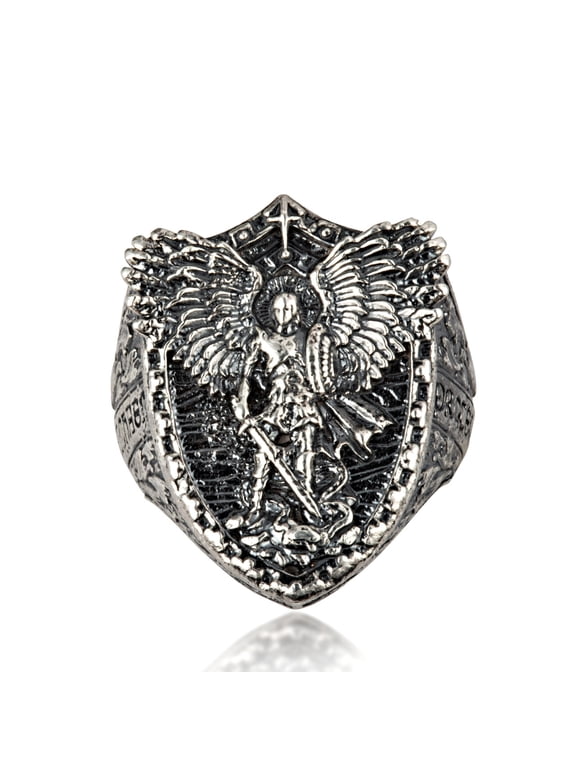 926 Sterling Silver Saint Michael Archangel Protection Shield Men's Signet Ring (Size 16)