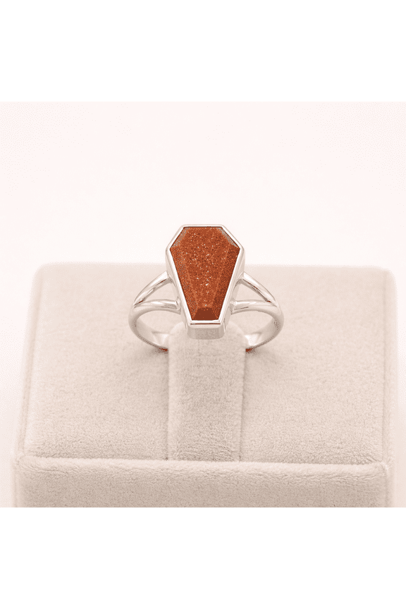 925 Sterling Silver Brown Goldstone Coffin Ring, Handmade Gothic Gemstone Ring, Prong Set Statement Jewelry