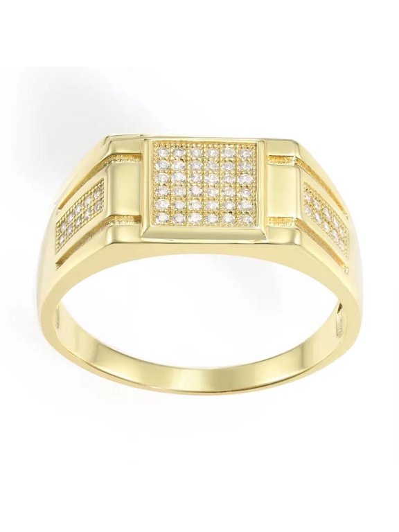 Yellow Gold Plated 925 Sterling Silver Pave Square Signet Ring | Size 11 | Classic Statement Pinky Ring for Men