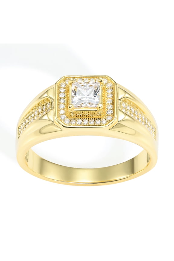 Yellow Gold Plated 925 Sterling Silver Solitaire Halo Princess-Cut Pave Band, Statement Pinky Ring | Size 9 | Classic Engagement, Wedding Ring for Men