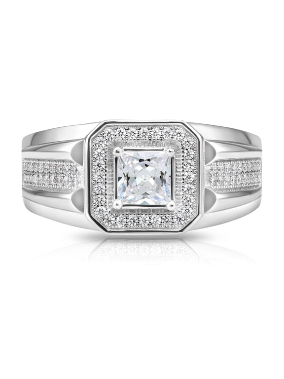 Solid 925 Sterling Silver Solitaire Halo Princess-Cut Pave Band, Statement Pinky Ring | Size 9 | Classic Engagement, Wedding Ring for Men