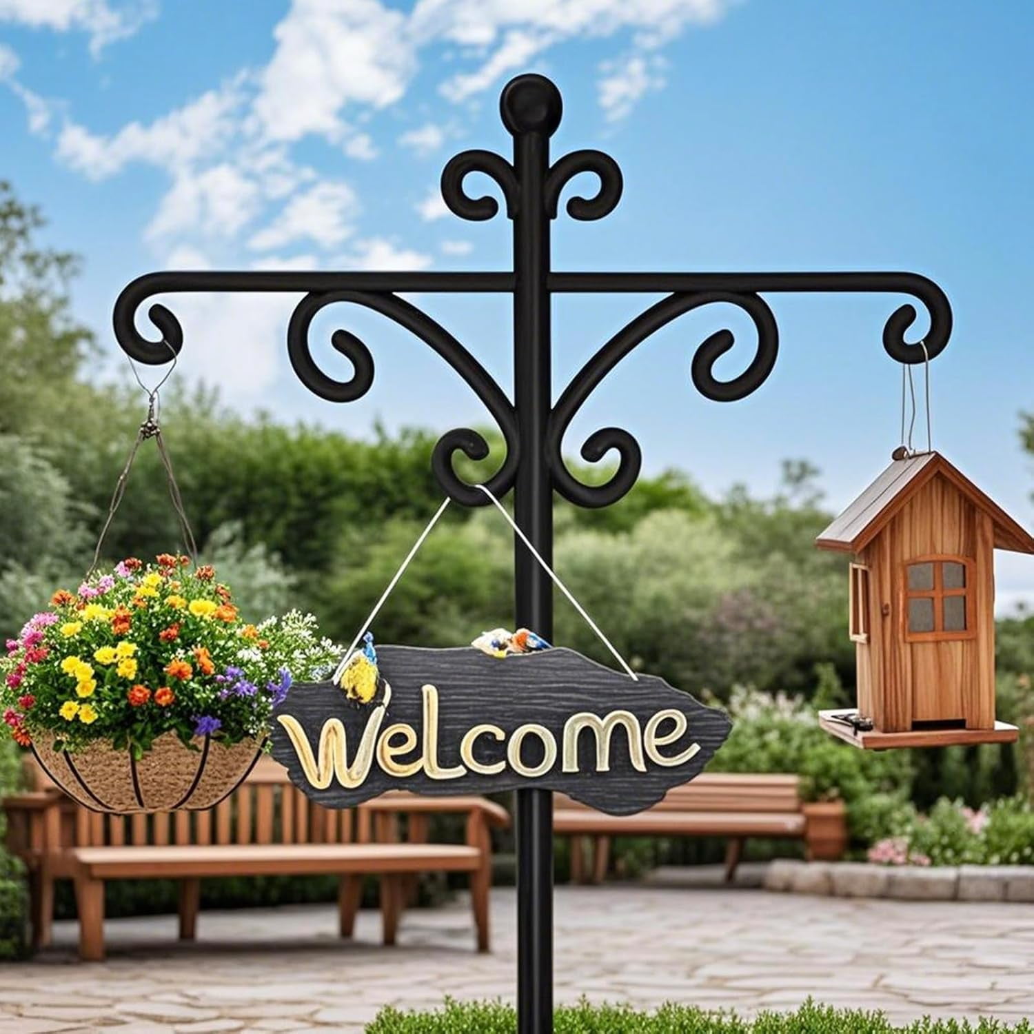 92Inch Shepherds Hooks for Outdoor with Squirrel Baffles – 6 Adjustable Hooks, 5 Prongs Base – Tall Bird Feeder Pole & Garden Stand for Hanging Plants, Lanterns, Hummingbird Feeders (black, 92inch)