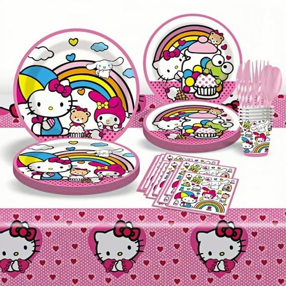 92PCS HelloKitty Cartoon Design Disposable Tableware Kit for Anime Themed Birthday Parties - 10-Piece Paper Plates and Cups Set