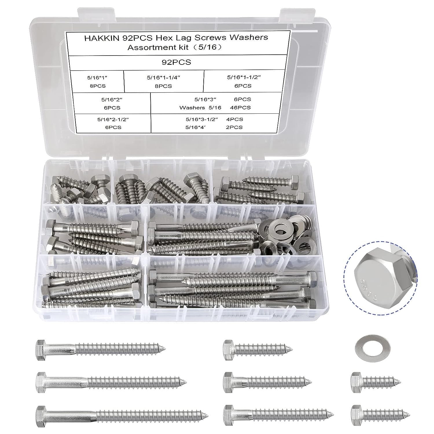 92Pcs 5/16" Hex Lag Bolts Screws Washer Assortment Kit, Heavy Duty Lag Screws Wood Screws Washer