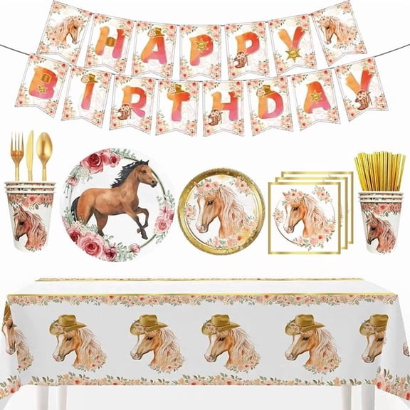 92Pcs Cowgirl Birthday Party Decorations Tableware Set, Pink Floral Horse Party Supplies Includes Plates, Napkins, Cups, Banner, Cutlery, Tablecloth Etc, for Girl Birthday Decorations, Serve 10 Guest