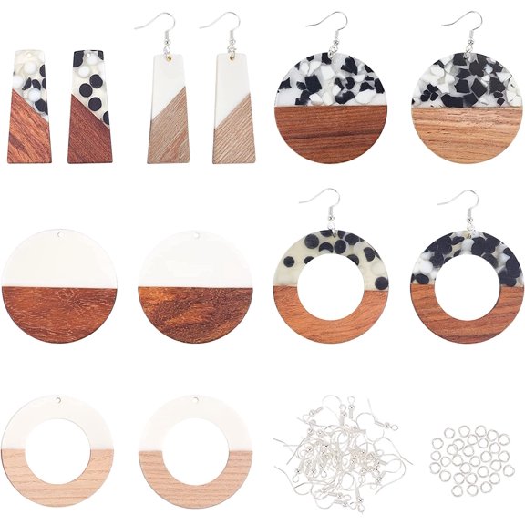 92pcs Resin Wooden Earring Pendants 16pcs White Round Ring Trapezoid Wood Statement Jewelry Findings with Earring Hooks Jump Rings for Necklace Jewelry Making - Mixed Sizes DIY