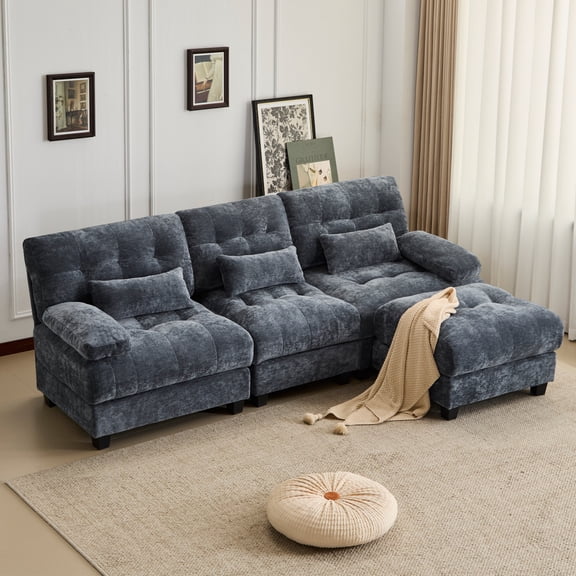 93" 3-Seater Sofa with Ottoman, Comfy Couch with 4-Position Adjustable Backrest, Soft Chenille Modular Sectional Sofa with Throw Pillows for Livingroom, Easy Assembly, Blue