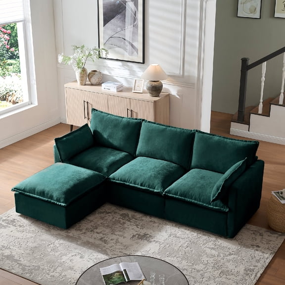93.31" Modular Sectional Convertible Modular Sofa Couch with Deep Seat and 2 Pillows, Modern 4-Seater L-shaped Comfy Sofa Couch with Movable Ottoman for Apartment, Living Room, Green
