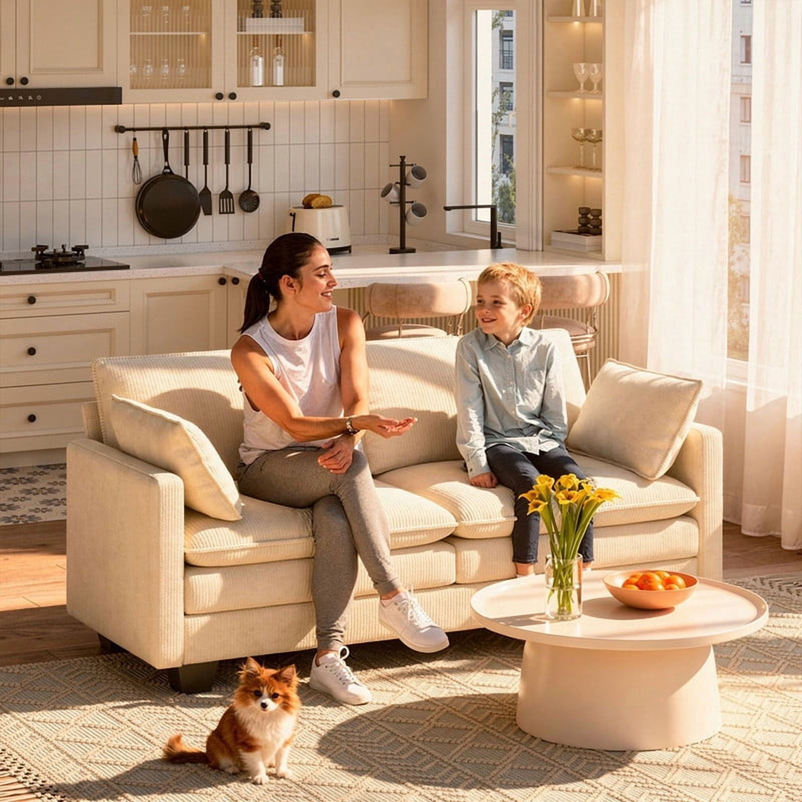 2-Seater Corduroy Loveseat, Cloud Soft Small Sofa with Deep Seating, Removable Washable Covers for Small Spaces & Apartments, Beige