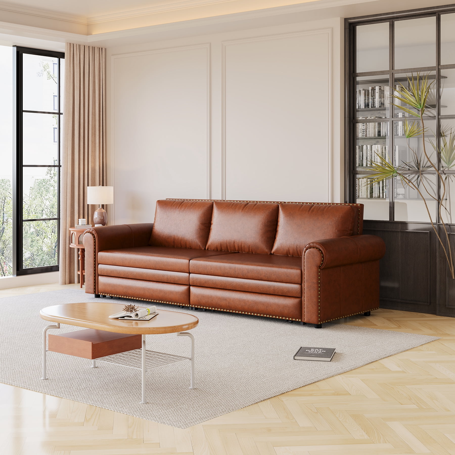 93.7" Chesterfield King Pull-Out Sofa Bed, 3-in-1 Faux Leather Convertible Sleeper Couch with Nailhead Trim, Rolled Arms, for Living Room, Bedroom, Apartment, Office, Light Brown