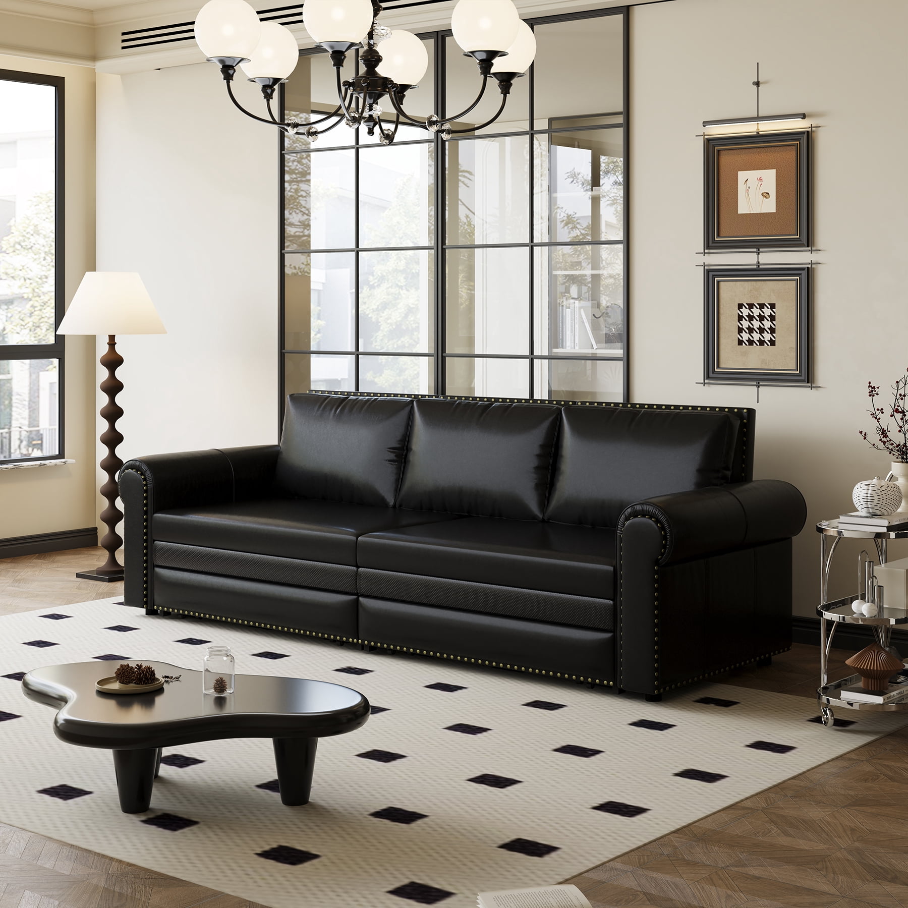 93.7" Chesterfield King Pull-Out Sofa Bed, 3-in-1 Faux Leather ...