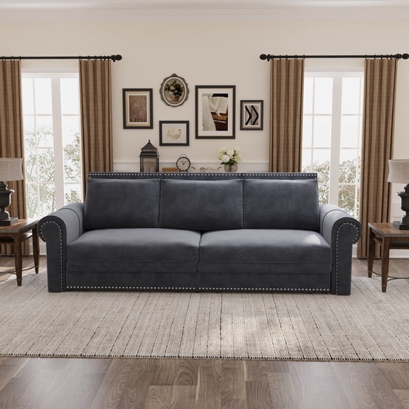 93.7" Chesterfield Sofa Bed, 3-in-1 Velvet Convertible Sleeper Sofa with Pull Out King Bed, Nailhead Trim & Rolled Arm, Multi-Functional Couch for Living Room Apartment, Grey