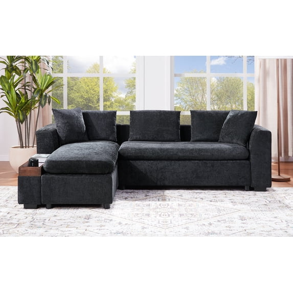 93.7"Corduroy Sectional Modular Couch with Wooden Storage Compartment, L Shaped Comfy Deep Sofa with Cup Holder and 2 Pillows for Living Room, Apartment, Black