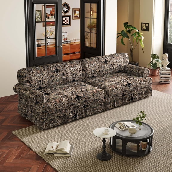 93.7'' Floral Pattern Sofa with Ruffled Skirt, Vintage Mid-Century Deep Comfy Couch, Oversized Canvas 4-Seater Couch, Living Room Sofa Set, Home Sofas for Living Room, Office, Floral Black