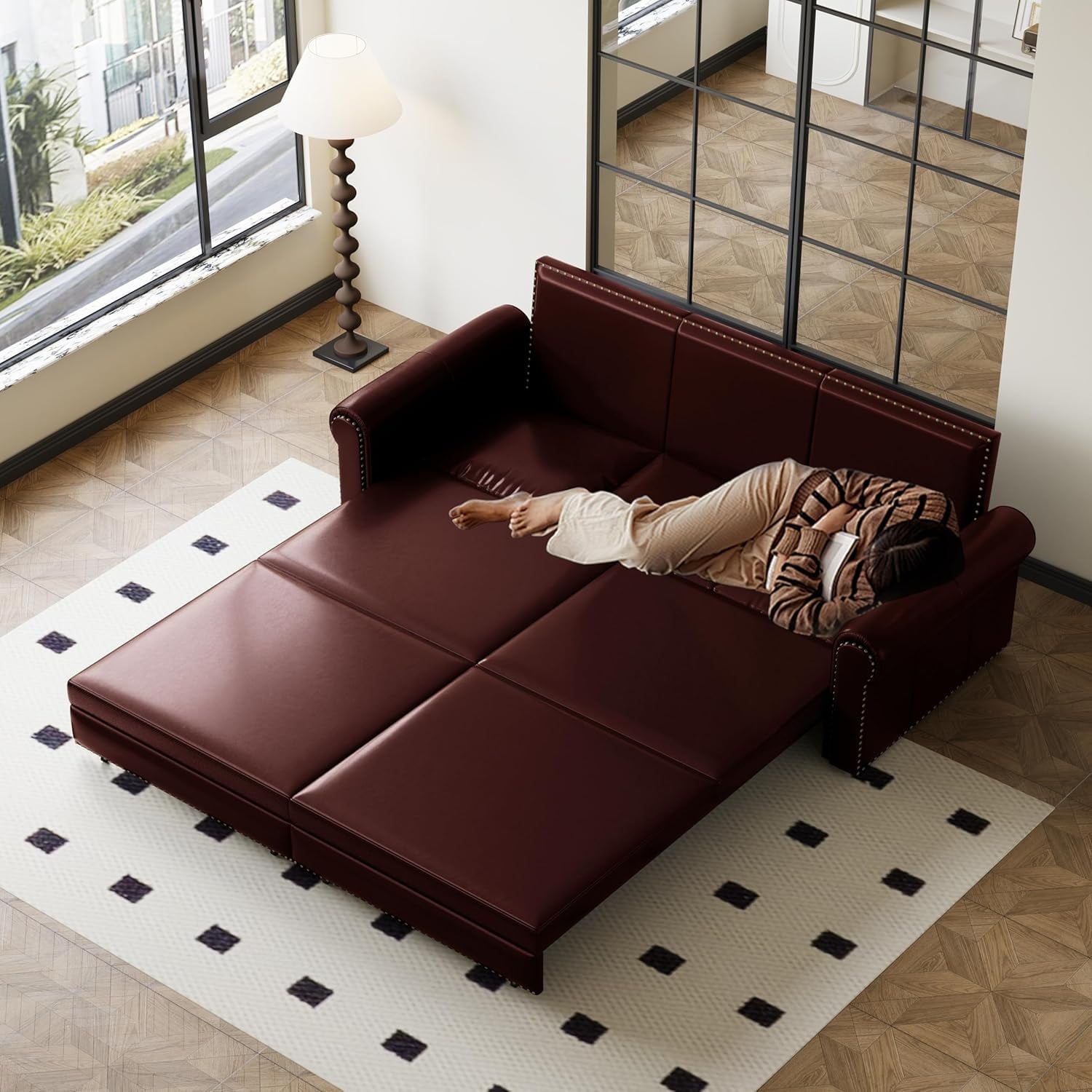 93.7" King Pull Out Sofa Bed, Faux Leather Sleeper Sofa Couch, 3 in 1 Convertible Futon Couches for Living Room, Small Space, Apartment, Office, Bedroom, Modern Rivet Armrest, Burgundy