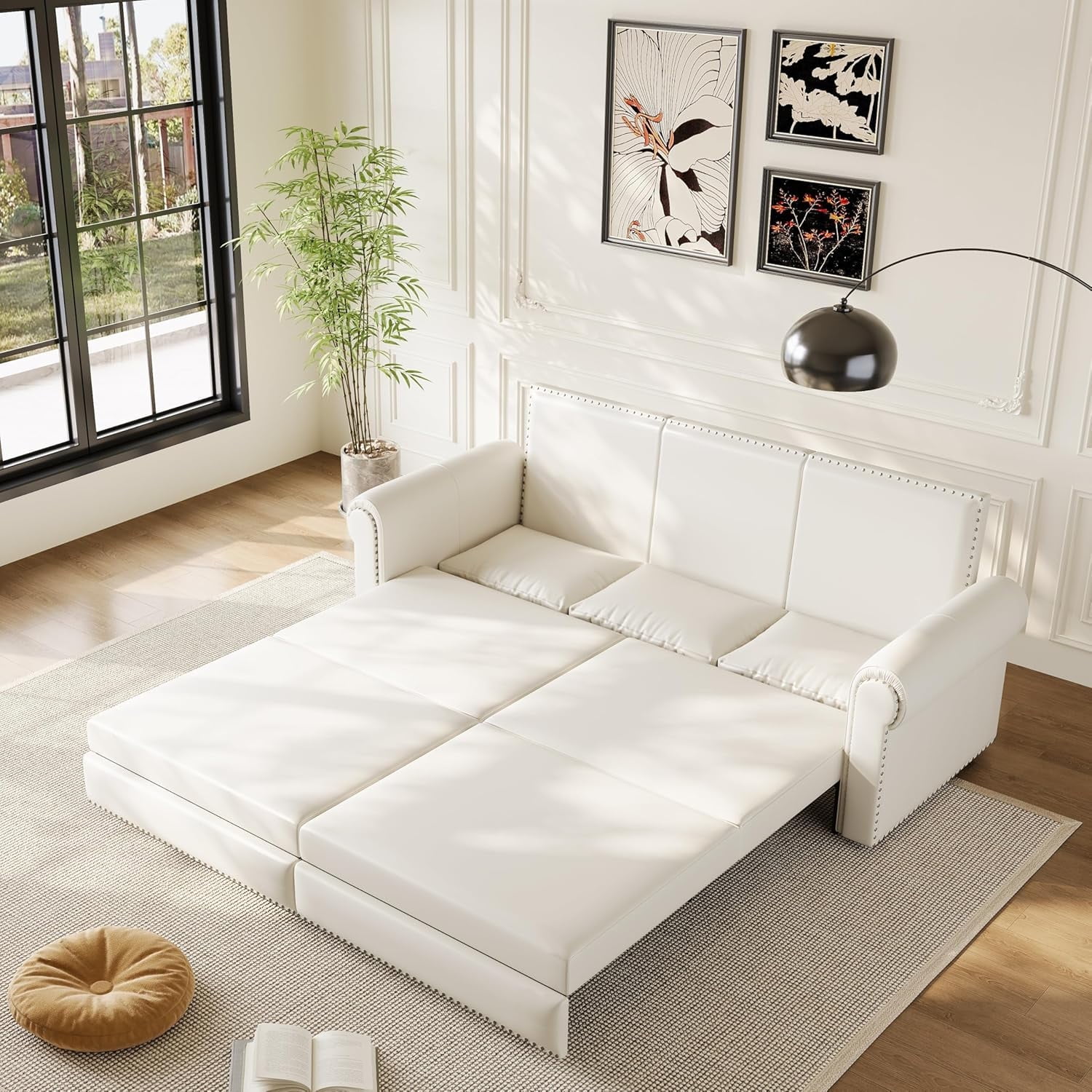 93.7" King Pull Out Sofa Bed, Faux Leather Sleeper Sofa Couch, 3 in 1 Convertible Futon Couches for Living Room, Small Space, Apartment, Office, Bedroom, Modern Rivet Armrest, Cream White
