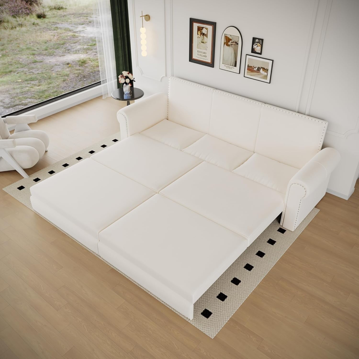 93.7" King Pull Out Sofa Bed, Velvet Sleeper Sofa Couch, 3 in 1 Convertible Futon Couches for Living Room, Small Space, Apartment, Office, Bedroom, Modern Rivet Armrest, Beige
