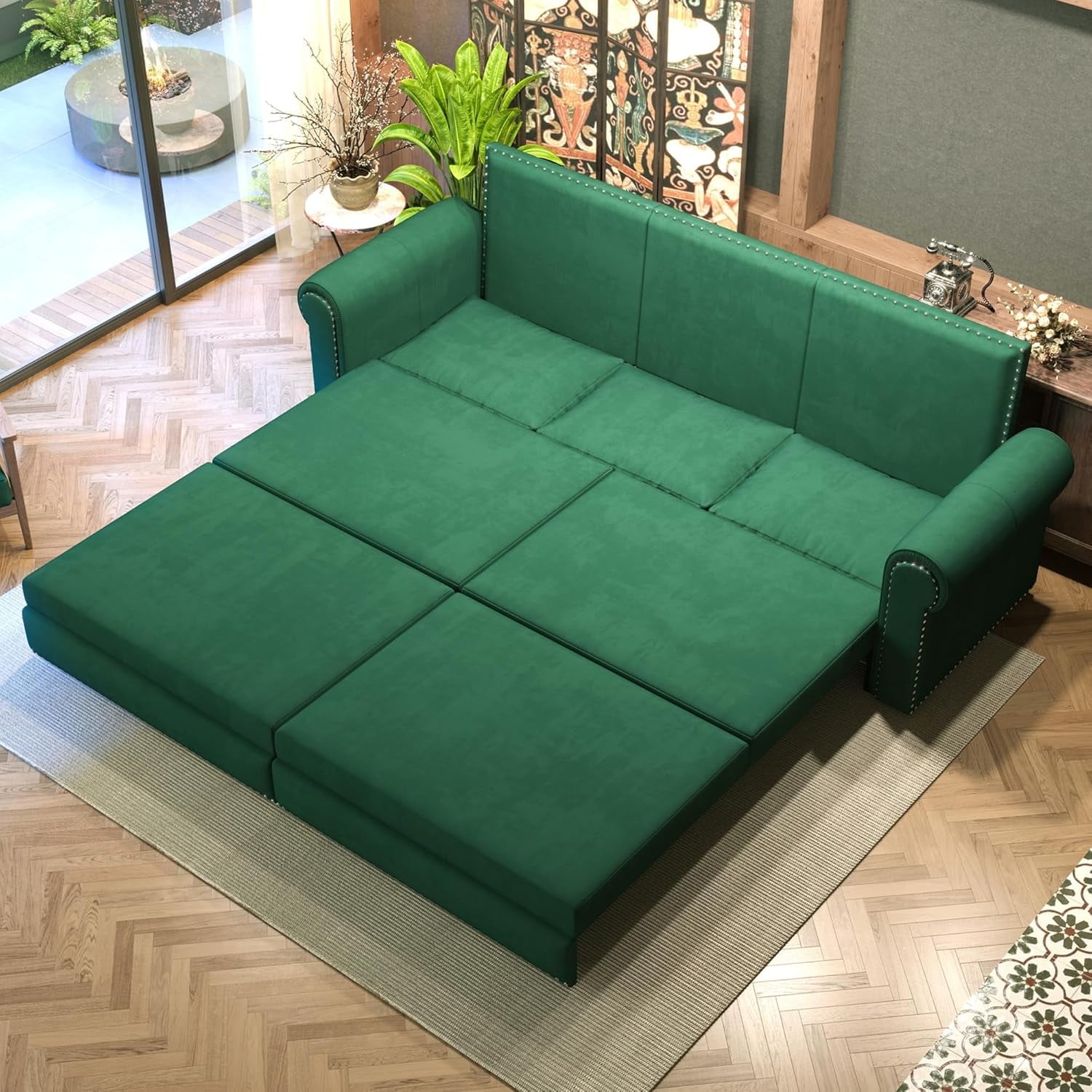 93.7" King Pull Out Sofa Bed, Velvet Sleeper Sofa Couch, 3 in 1 Convertible Futon Couches for Living Room, Small Space, Apartment, Office, Bedroom, Modern Rivet Armrest, Green