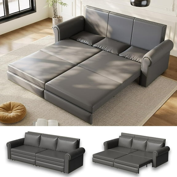 93.7" King Size Sleeper Sofa Bed, Pull Out Sofa Bed, Faux Leather Upholstery, 3 in 1 Convertible Sleeper Couch, Chaise Lounge, Retro Recliner for Living Room, Office, Apartment, Grey