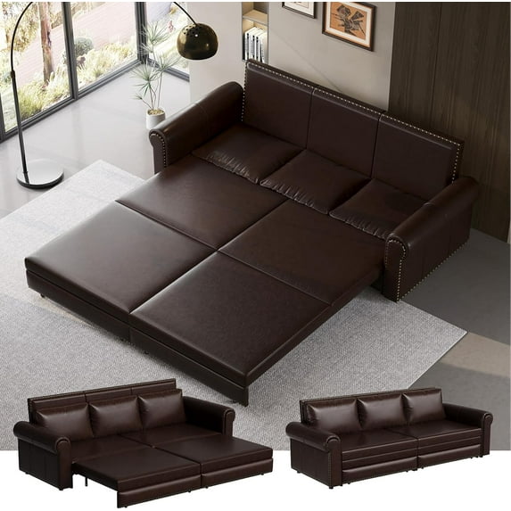 93.7" King Size Sleeper Sofa Bed, Pull Out Sofa Bed, Faux Leather Upholstery, 3 in 1 Convertible Sleeper Couch, Chaise Lounge, Retro Recliner for Living Room, Office, Apartment, Dark Brown