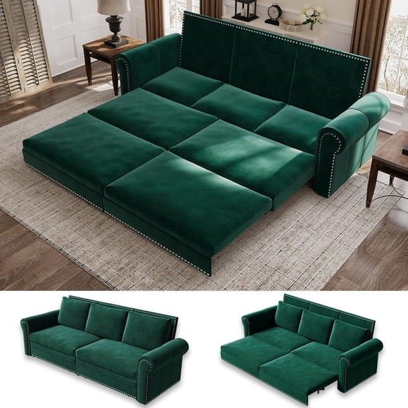 93.7" King Size Sleeper Sofa Bed, Pull Out Sofa Bed, Velvet Upholstery, 3 in 1 Convertible Sleeper Couch, Chaise Lounge, Retro Recliner for Living Room, Office, Apartment, Beige