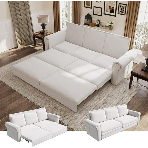 93.7" King Size Sleeper Sofa Bed, Pull Out Sofa Bed, Velvet Upholstery, 3 in 1 Convertible Sleeper Couch, Chaise Lounge, Retro Recliner for Living Room, Office, Apartment, Beige
