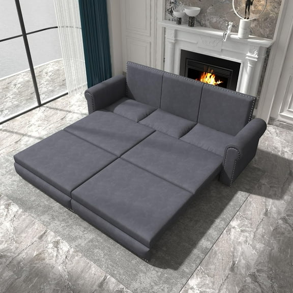 93.7" King Size Sleeper Sofa Bed, Pull Out Sofa Bed, Velvet Upholstery, 3 in 1 Convertible Sleeper Couch, Chaise Lounge, Retro Recliner for Living Room, Office, Apartment, Grey