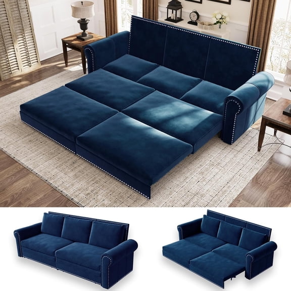 93.7" King Size Sleeper Sofa Bed, Pull Out Sofa Bed, Velvet Upholstery, 3 in 1 Convertible Sleeper Couch, Chaise Lounge, Retro Recliner for Living Room, Office, Apartment, Beige