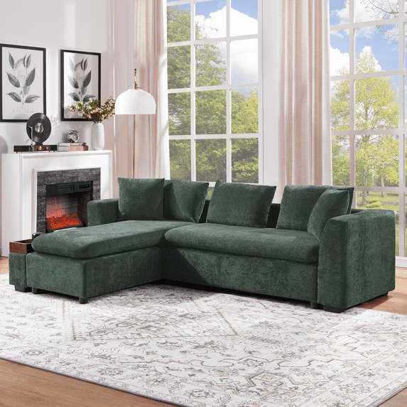 93.7" L-shaped Upholstered Sofa, Comfy Chenille Couch with 5 Pillows, Oversized Sectional Sofa with Wooden Storage Compartment for Living Room, Green