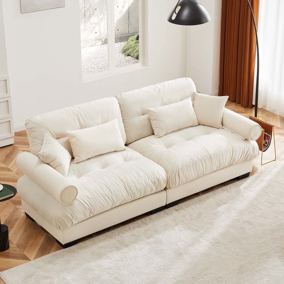 93.7” Loveseat Sofa, 2 Seater Modular Sectional Sofa, Beige Large Sectional Couches for Living Room, Fluffy Couch Set, Love Seat, Velvet Cloud Couch with 4 Pillows, Deep Seat Sofas for Living Room