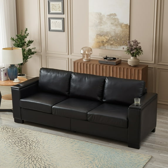 93.7" Modern Style Faux Leather Couch, 3 Seat Comfy Sofa with Square Arm & Cup Holder, Upholstered PU Leather Storage Sofa, Black