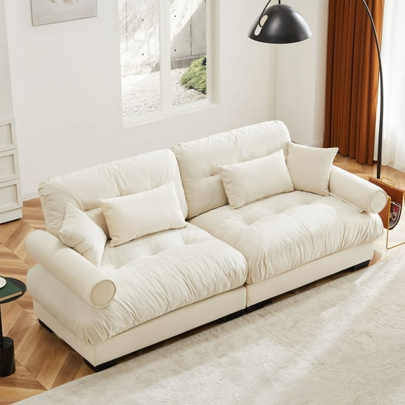 93.7 " Modern Velvet Two-Seater Sofa with Bolstered Armrests, Cloud-Like 2-Seater Couch with Waist & Throw Pillows, Cream Upholstered Sofa for Living Room, Bedroom, Loft, and Office