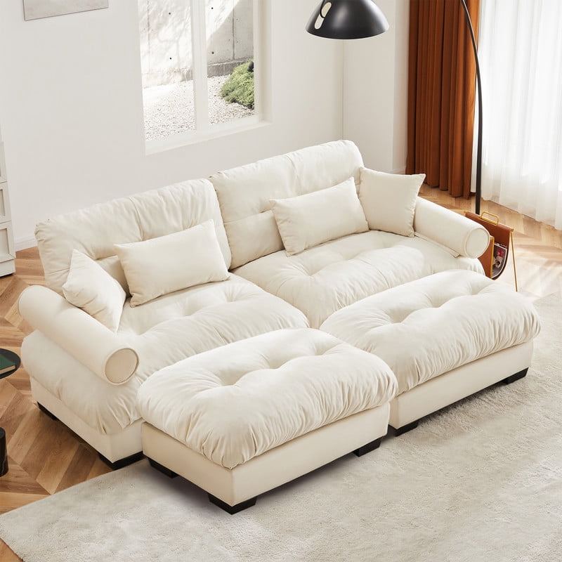 93.7" Modular Sectional Sofa with 2 Ottomans, 2-Seater Velvet Couch , Convertible U-Shaped Sofa, Deep Seat Cloud Couch with Pillows, Modern Sofa for Living Room, Apartment, Beige