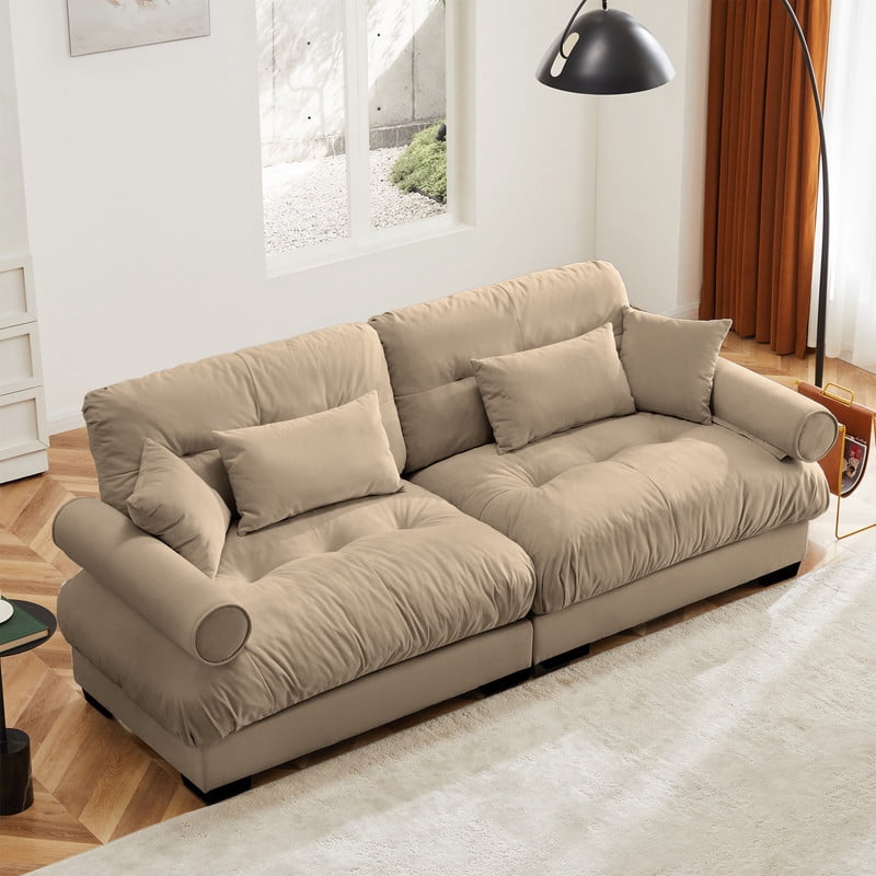 93.7" Modular Sectional Sofa, 2-Seater Velvet Couch, Deep Seat Cloud Sofa with Bolster Armrests & Pillows, Modern Upholstered Sofa for Living Room, Apartment, Camel