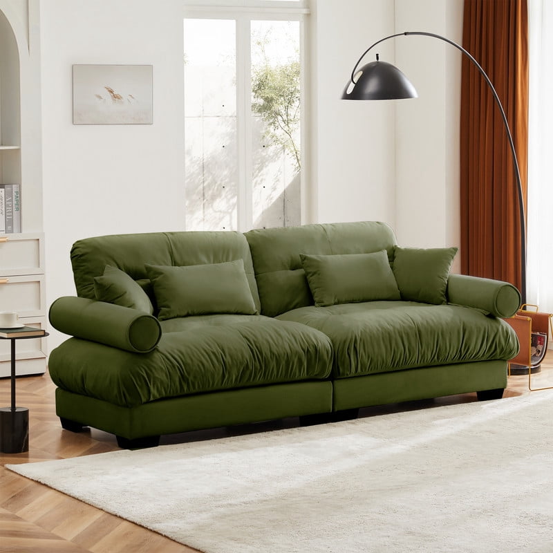 93.7" Modular Sectional Sofa, 2-Seater Velvet Couch, Deep Seat Cloud Sofa with Bolster Armrests & Pillows, Modern Upholstered Sofa for Living Room, Apartment, Olive Green
