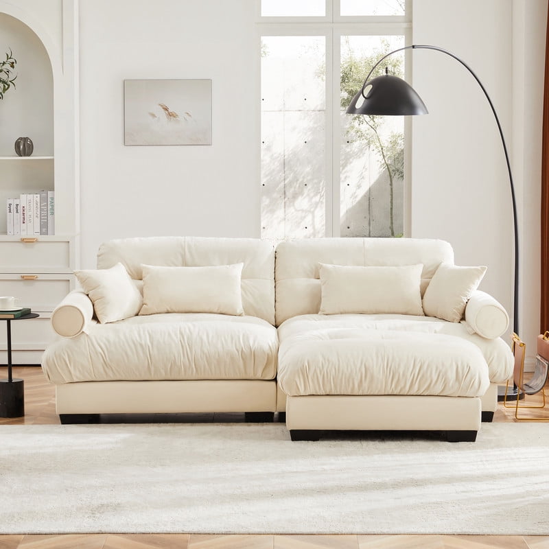 93.7" Modular Sectional Sofa with Ottoman, 2-Seater Velvet Couch, Convertible L-Shaped Sofa, Deep Seat Cloud Couch with Pillows, Modern Sofa for Living Room, Apartment, Beige