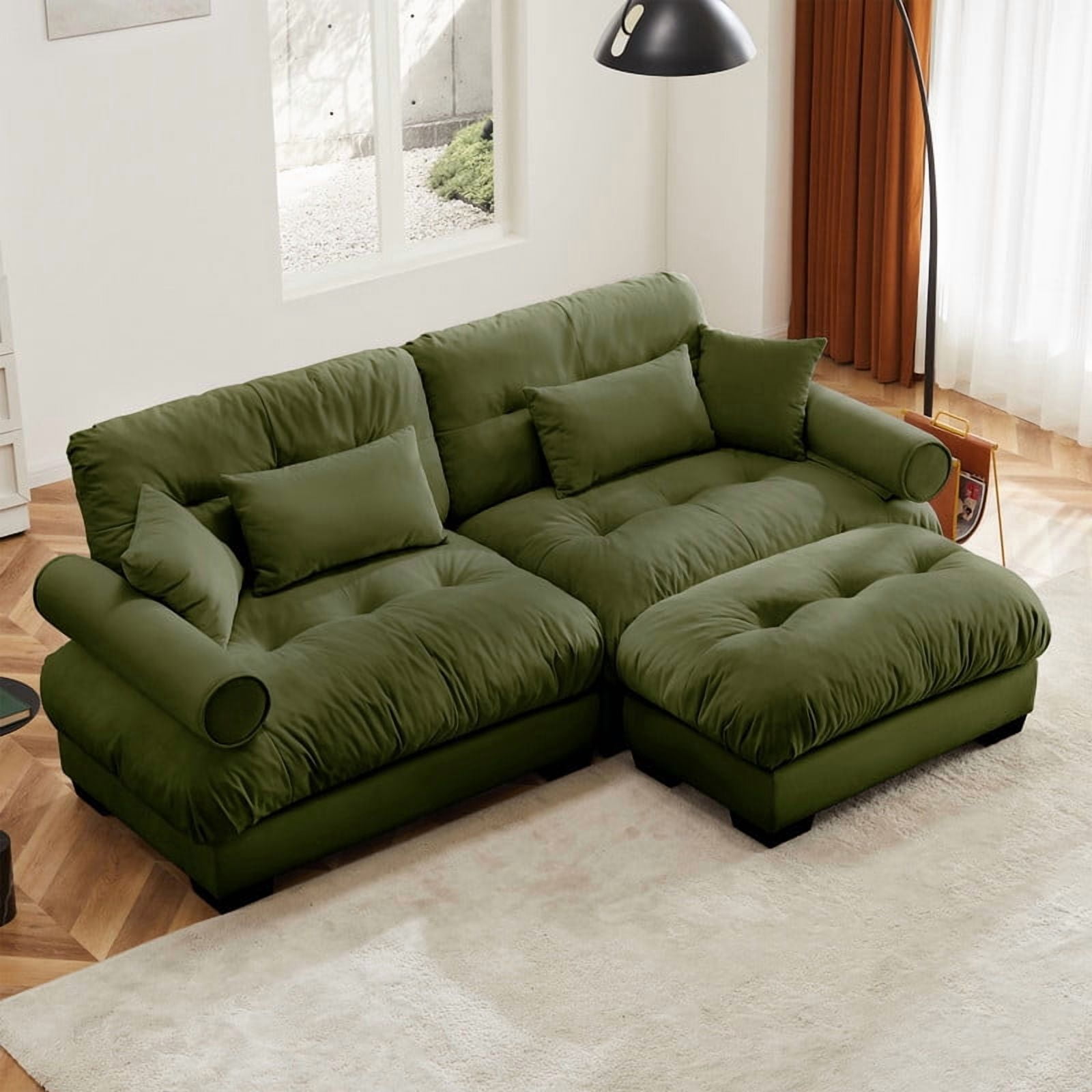 93.7" Modular Sectional Sofa with Ottoman, 2-Seater Velvet Couch, Convertible L-Shaped Sofa, Deep Seat Cloud Couch with Pillows, Modern Sofa for Living Room, Apartment, Olive Green