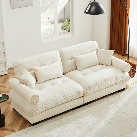 93.7" Oversized Velvet Modular Sectional Sofa Couch with Plush Cushions & Pillows, Modern Deep Seating Sofa for Living Room, Apartment, Lounge – Cream White