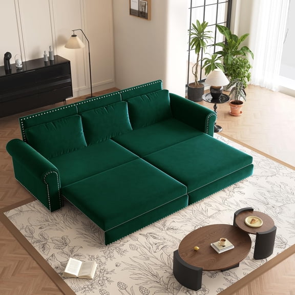 93.7" Pull Out Sofa Bed King Size with Pillows,3-in-1 Convertible Sleeper Couch with Nails Trim,Velvet Upholstered 3 Seater Sofabed for Living Room,Green