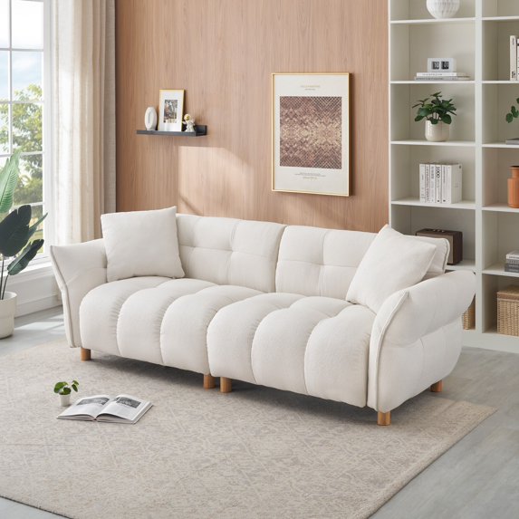 93.70 Inches Loveseat Sofa, Teddy Fabric Cloud Couch with 2 Pillows & Solid Wood Legs, 3 Seater Comfy Upholstered Armrest Sofa with Soft Cushion & Thick Back for Apartment Office Living Room, Beige